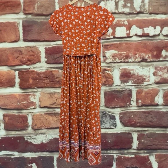 R Vivimos Wrap Dress Women's Small Rust Orange Brown Boho Floral Abstract Midi - Picture 2 of 8